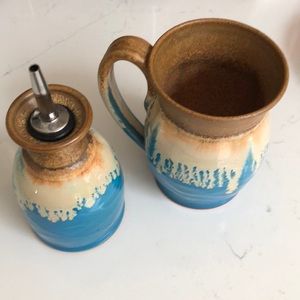 New W/O tags Hand made ceramic mug and oil bottle set.